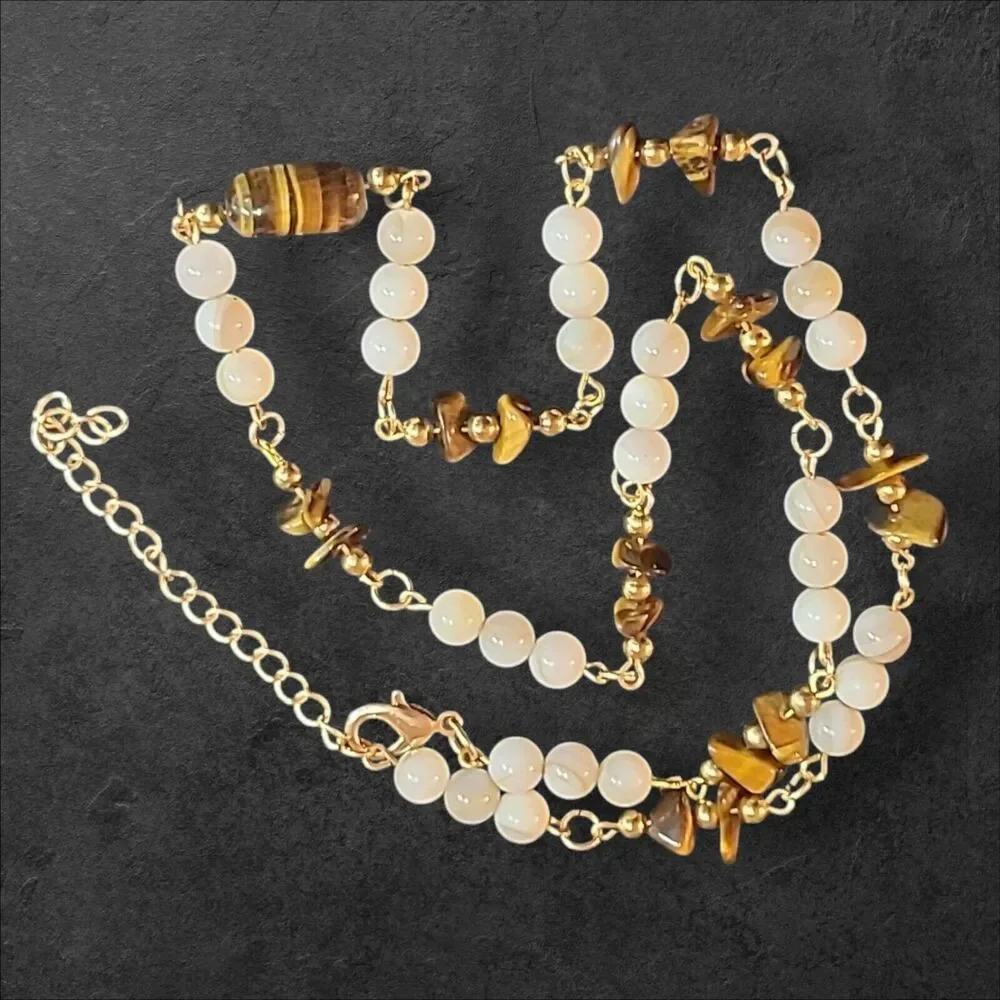 Gold‎ Tone Tiger's Eye & White Stone Bead Station Necklace 22
